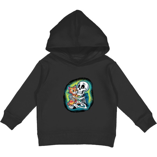 Discover HALLUAN-skeleton hugging cat hoddie design digital art Kids Pullover Hoodies