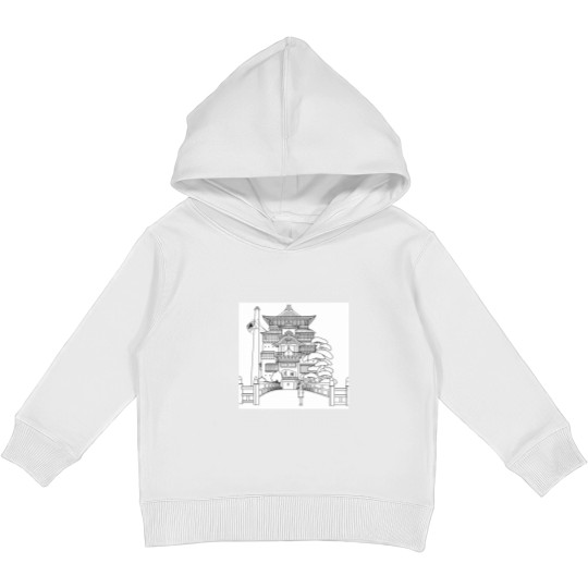 Discover Spirited Away Bathhouse with Chihiro but a simple line drawing Classic Kids Pullover Hoodies