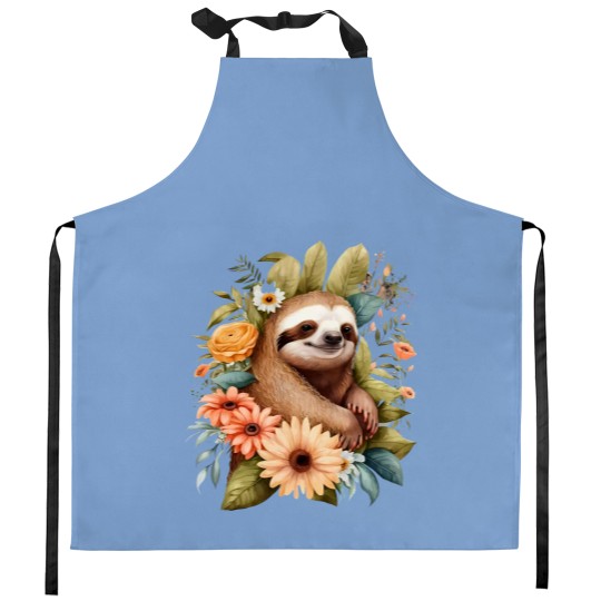 Discover Sloth Lover Kitchen Aprons featuring Floral and Graphic Designs