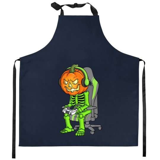 Discover Gaming Halloween Skeleton Jack O Lantern Gamer Boy Kitchen Aprons