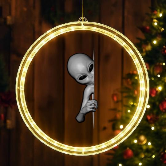 Discover Grey Alien Peeking - Zeta Reticuli Ufonaut - UFO Abduction LED Christmas Window Lights