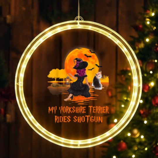 Discover My Yorkshire Terrier Rides Shotgun Dog and Witch Halloween LED Christmas Window Lights