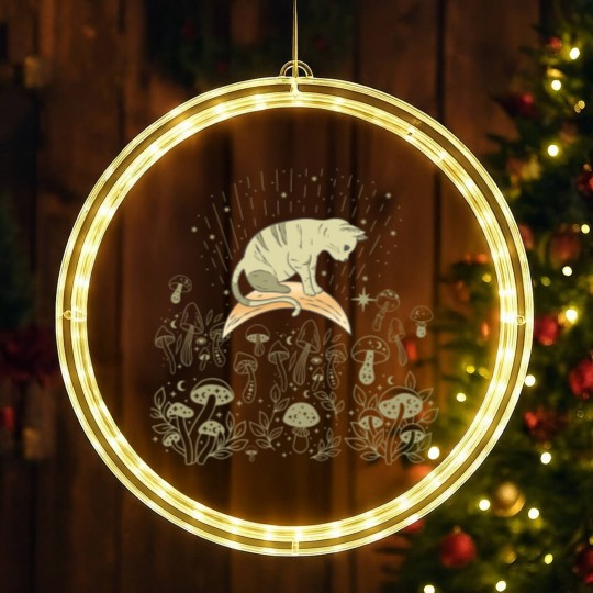 Discover Cottagecore Celestial Boho Mystical Mushrooms Moon Cat LED Christmas Window Lights