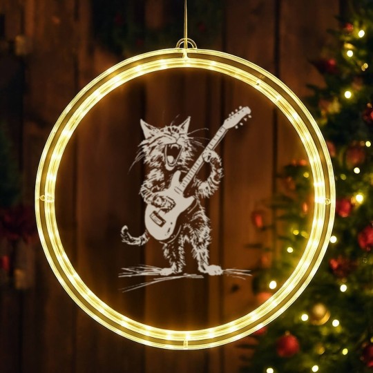 Discover Cat Strumming the Guitar LED Christmas Window Lights, Cat Playing Bass Guitar LED Christmas Window Lights