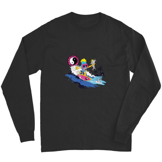 Discover T and C Tiki Guy Surfing Town and Country Surf Designs Hawaii Tiki surfing with Sharks Long Sleeves