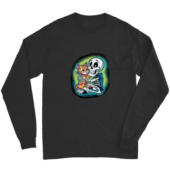 Discover HALLUAN-skeleton hugging cat hoddie design digital art Long Sleeves