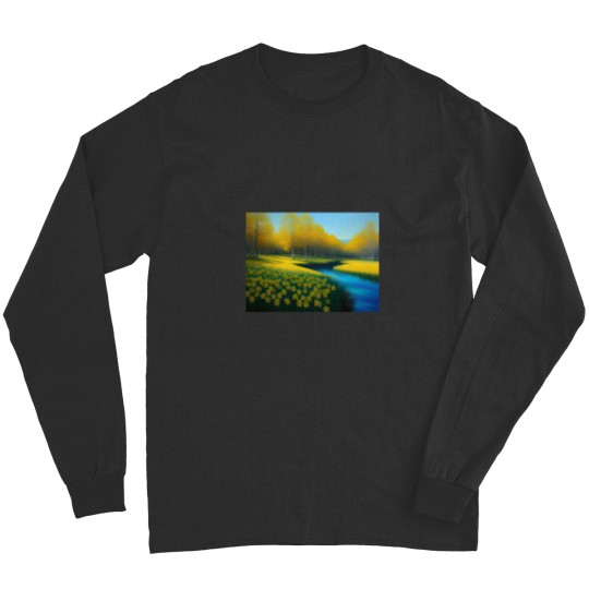 Discover Yellow springtime daffodils by the blue woods stream New Eng land floral landscape nature painting Ac Long Sleeves