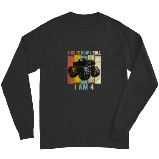 Discover Kids 4 Year Old Birthday Boy Monster Truck 4th Birthday Long Sleeves