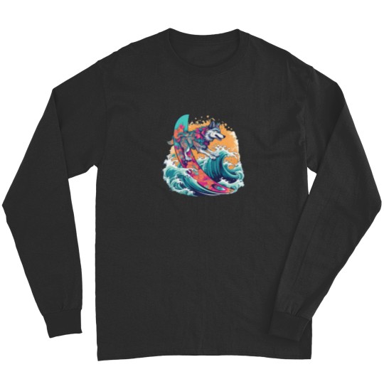 Discover Wolf Surfing 80S Commercial Graphic T Shirt Long Sleeves