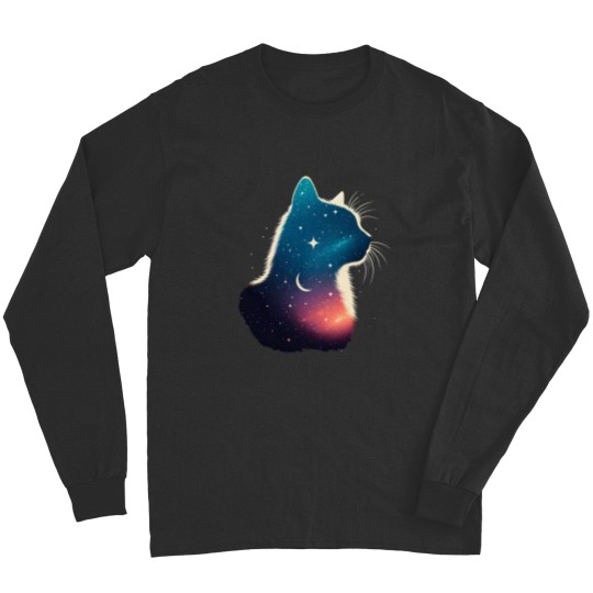 Discover Cosmic Cat Silhouette Galaxy Space Feline Lover Celestial Design Long Sleeves