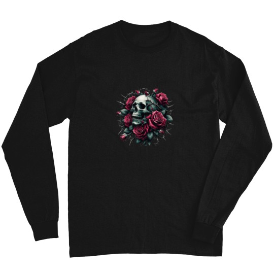 Discover Romantic Gothic Skull with Roses Dark Floral Art Long Sleeves