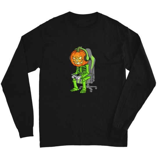Discover Gaming Halloween Skeleton Jack O Lantern Gamer Boy Long Sleeve T Shirts
