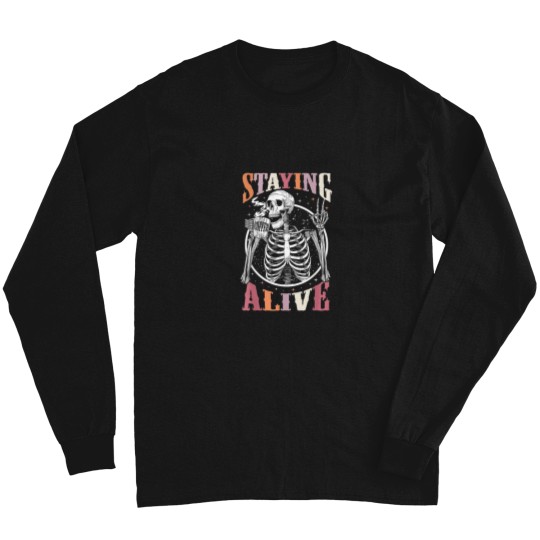 Discover Staying Alive Skeleton Drinking Coffee Lover Gif Long Sleeves
