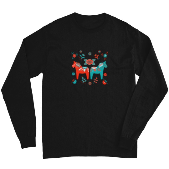 Discover Folk Art - Swedish Dala Horses - Red Turquiose T-Shirt Long Sleeves