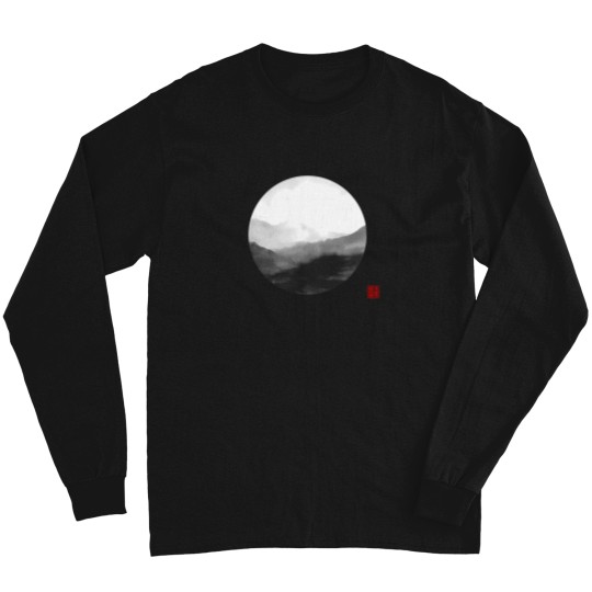 Discover Abstract Japanese Landscape With Mountains And Calligraphy T-Shirt Long Sleeves