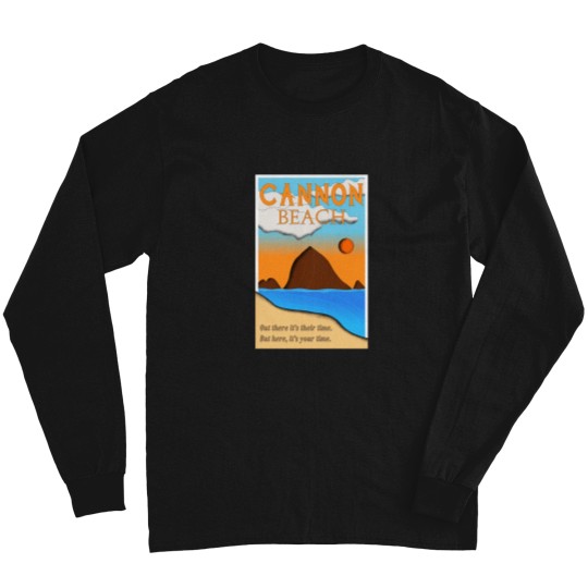 Discover Cannon-Beach-Oregon-Haystack-Rock-Illustrated-Poster T-Shirt Long Sleeves