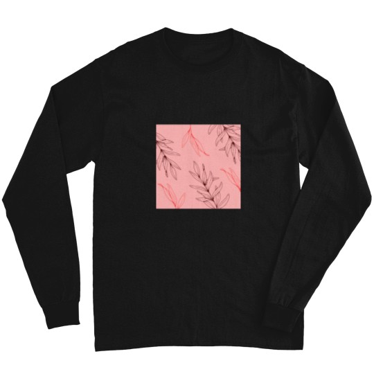 Discover Pink Red Tropical Leaves Line Drawing   T-Shirt Long Sleeves