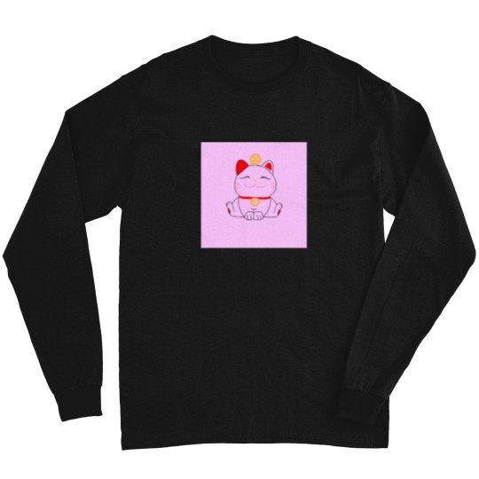 Discover Good-Luck-Maneki-Neko-Cat-On-Pink T-Shirt Long Sleeves