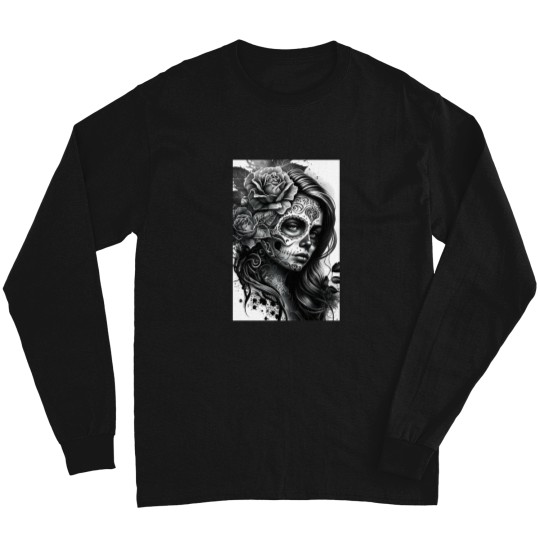 Discover Black and White Day of the Dead Girl Tattoo Style Art Print Long Sleeves