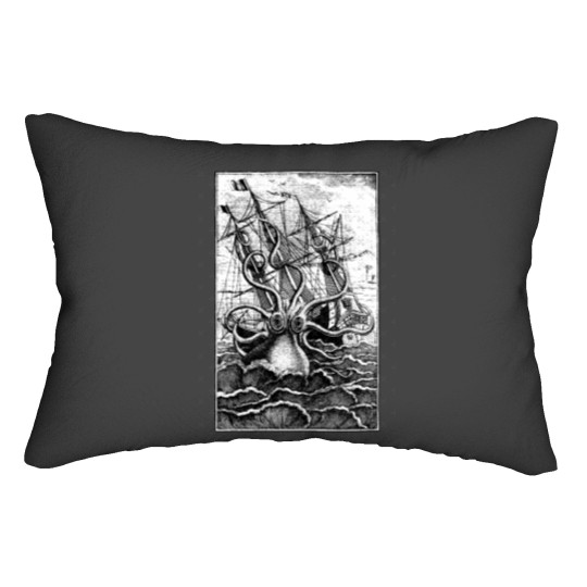 Discover Vintage Kraken attacking ship illustration with white background Lumbar Pillows