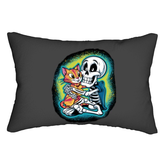 Discover HALLUAN-skeleton hugging cat hoddie design digital art Lumbar Pillows