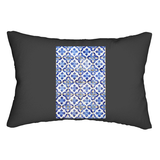 Discover Portuguese tiles. Blue flowers and leaves Long Lumbar Pillows