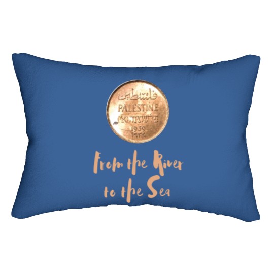 Discover 1939 Palestinian Coin Lumbar Pillows with From the River to the Sea as a Caption