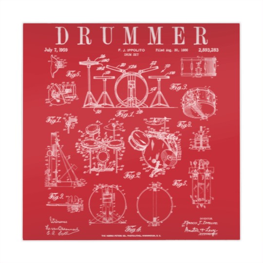 Discover Drum Set Kit Vintage Patent Drummer Drawing Print WHITE - Drummer - Mahjong Mats