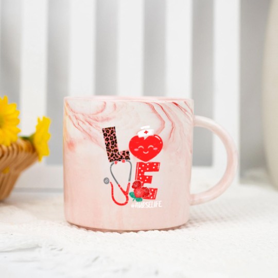 Discover Love Heart Stethoscope Nurse Life Valentine Day 2022 Women Marble Mugs