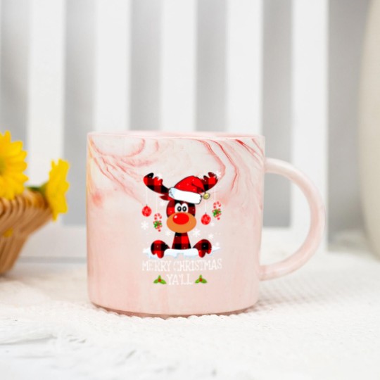 Discover Merry Christmas Ya'll Reindeer Santa Hat Buffalo Red Plaid Marble Mugs