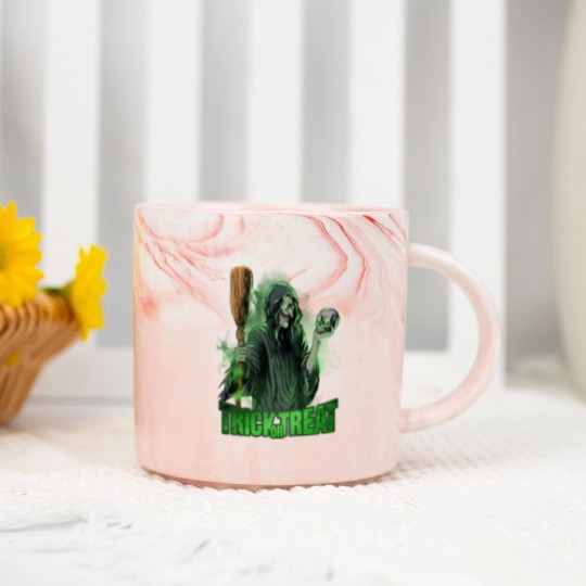 Discover Scary evil Witch with Skull and Broom Halloween Marble Mugs