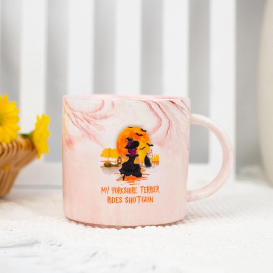 Discover My Yorkshire Terrier Rides Shotgun Dog and Witch Halloween Marble Mugs