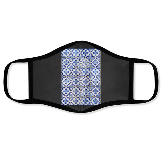 Discover Portuguese tiles. Blue flowers and leaves Long Face Masks