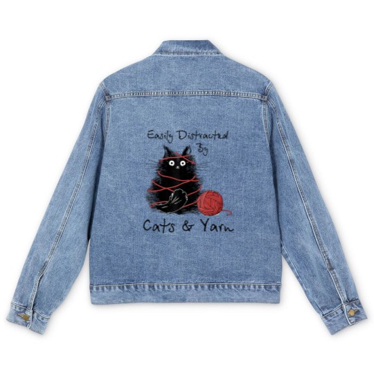 Discover Easily Distracted By Cats And Yarn Knitting Lovers Men's Denim Jackets