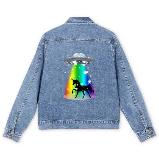 Discover Unicorn Rainbow UFO Alien Pony Space Travel Fable Men's Denim Jackets