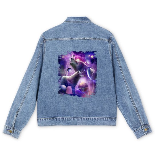 Discover Cosmic Wolf Howling At Moon In SpaceT Men's Denim Jackets