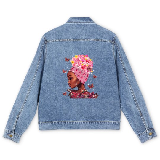 Discover In October We Wear Pink Black Woman Breast Cancer Awareness Men's Denim Jackets
