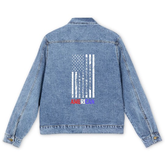 Discover Unmasked Unmuzzled Unvaccinated Unafraid American Flag Fan Men's Denim Jackets