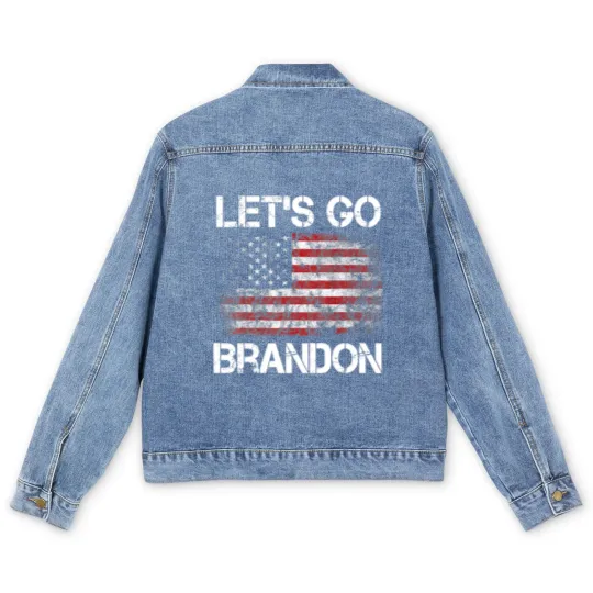 Discover Let's Go Brandon Vintage American Flag Patriotic on back Men's Denim Jackets