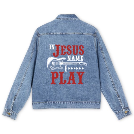 Discover In Jesus Name I Play Guitar Christian Guitar Player Men's Denim Jackets