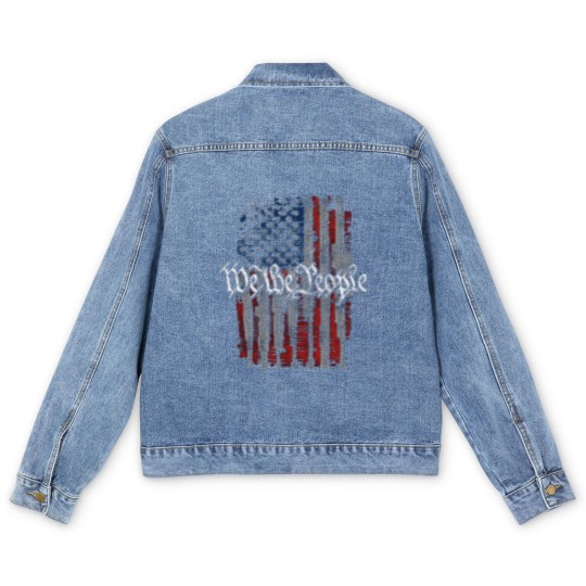Discover Defending Freedom Collection We The People American Flag Short Sleeve Men's Denim Jackets-Black-XL