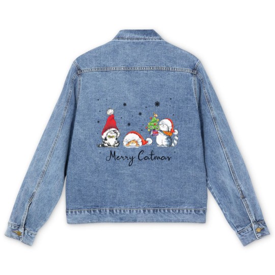 Discover Cats With Santa Hat Merry Catmas Cat Lover Christmas Gift Men's Denim Jackets