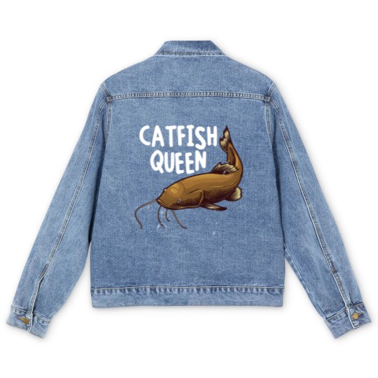 Discover Funny Catfishing Art Women Mom Catfish Queen Fishing Hunters Premium Men's Denim Jackets