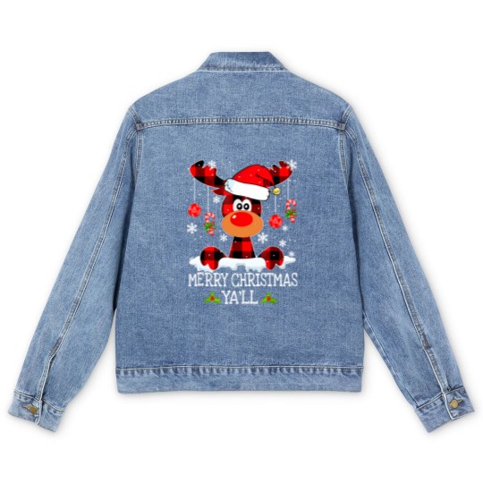 Discover Merry Christmas Ya'll Reindeer Santa Hat Buffalo Red Plaid Men's Denim Jackets