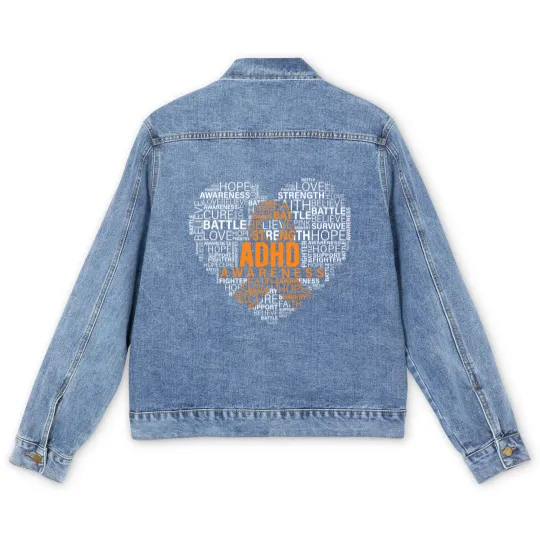 Discover ADHD awareness words cloud heart support proud ADHD warrior Men's Denim Jackets