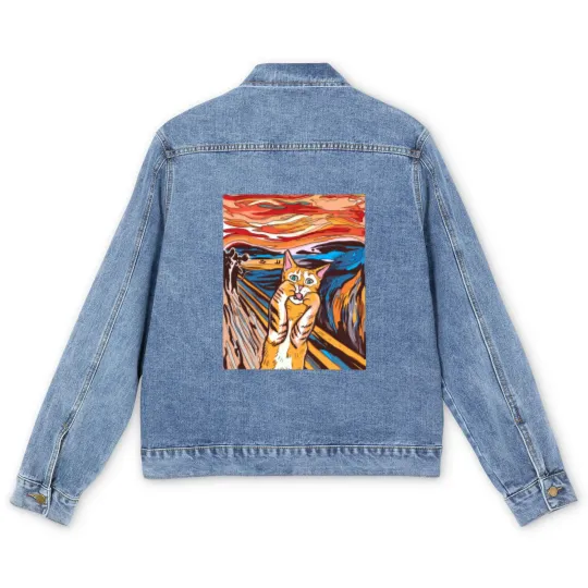 Discover Scream Men's Denim Jackets Funny Tabby Cat Scream Edvard Munch's Painting The Scream
