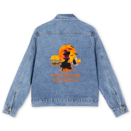 Discover My Yorkshire Terrier Rides Shotgun Dog and Witch Halloween Men's Denim Jackets