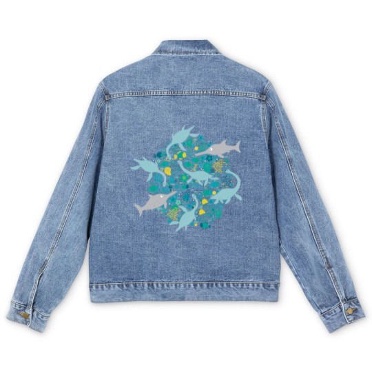 Discover Swimming with Plesiosaurs - cute prehistoric animal design - Swimming - Men's Denim Jackets
