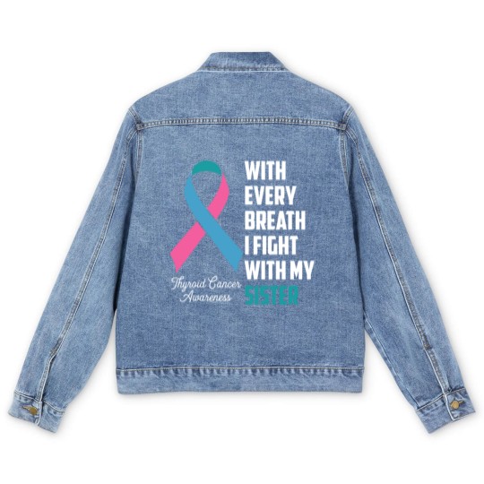 Discover Sister Thyroid Cancer Awareness Blue Pink Teal Rib Men's Denim Jackets