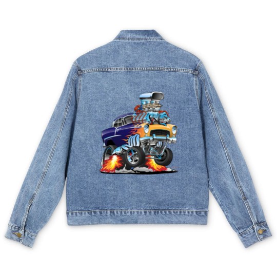 Discover Classic Fifties Hot Rod Muscle Car Cartoon - Car - Men's Denim Jackets
